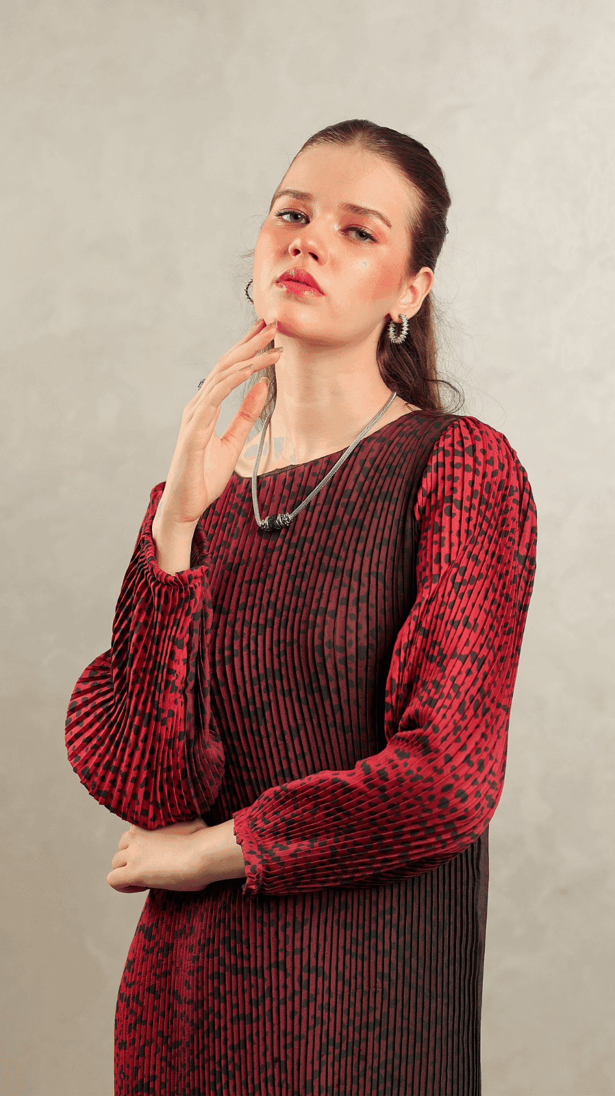 Maroon Leopard Pleated Maxi - AREEJ | Online