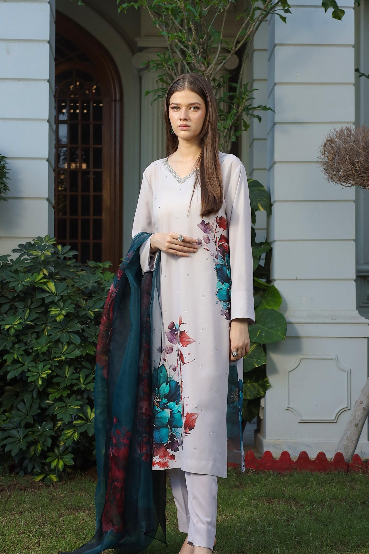 Blossom Hand Embellished Long Dress (2-PC)