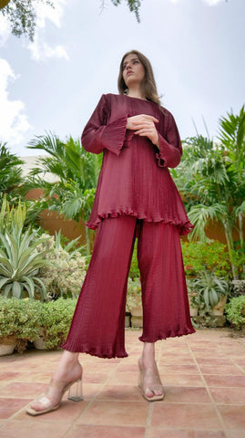 Maroon Pleated Co-Ord Set - AREEJ | Online