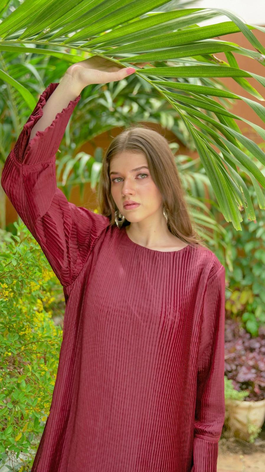 Maroon Pleated Co-Ord Set - AREEJ | Online