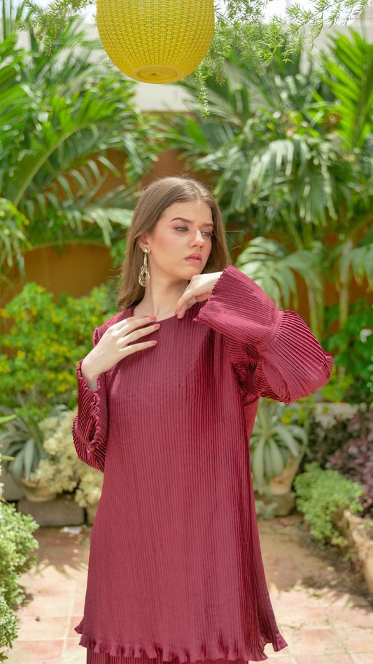 Maroon Pleated Co-Ord Set - AREEJ | Online