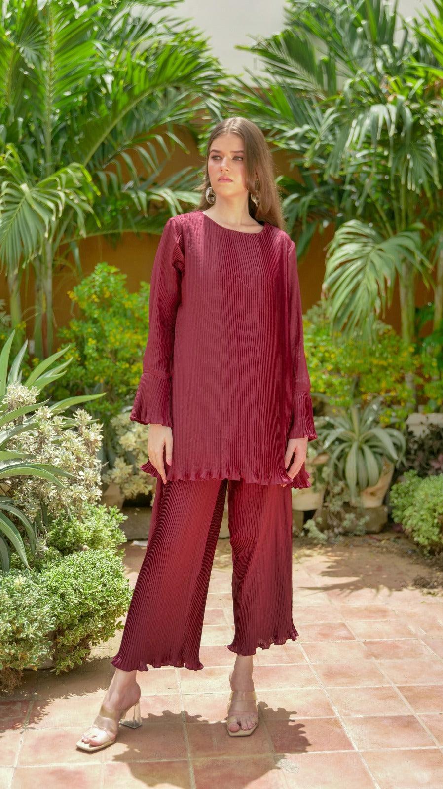 Maroon Pleated Co-Ord Set - AREEJ | Online