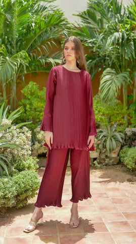 Maroon Pleated Co-Ord Set - AREEJ | Online