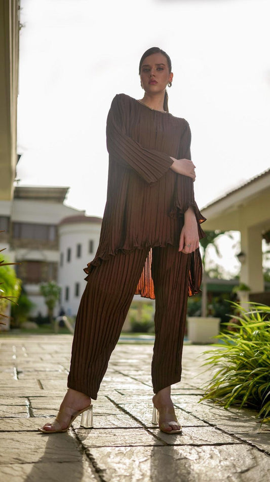 Brown Pleated Co-Ord Set - AREEJ | Online