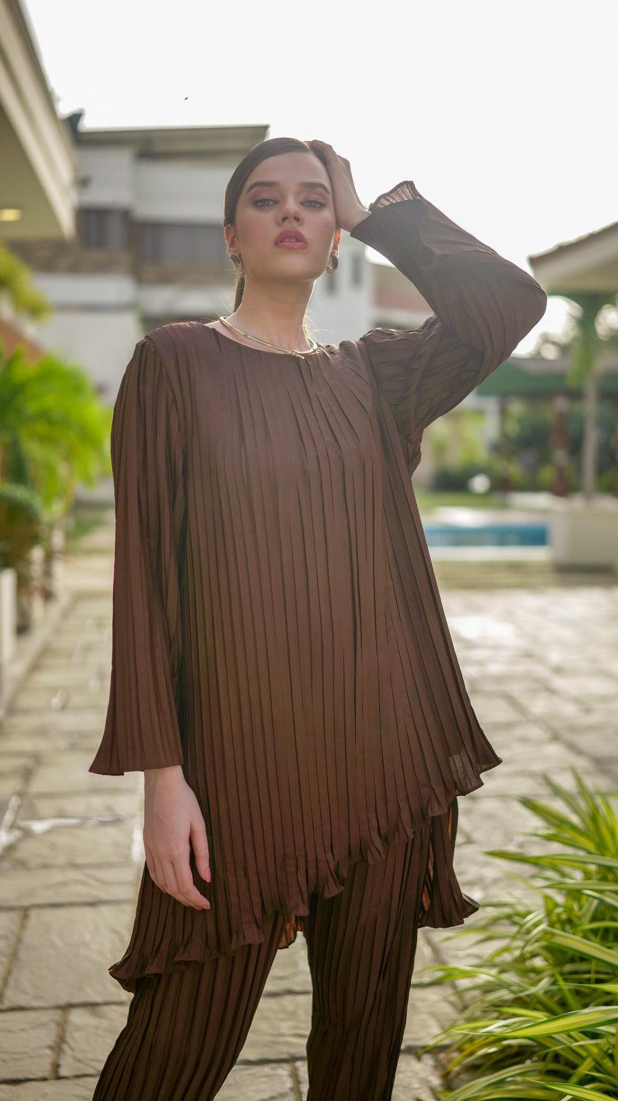 Brown Pleated Co-Ord Set - AREEJ | Online