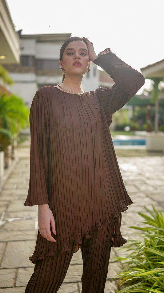Brown Pleated Co-Ord Set - AREEJ | Online
