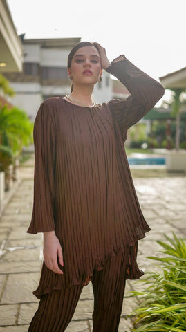 Brown Pleated Co-Ord Set - AREEJ | Online