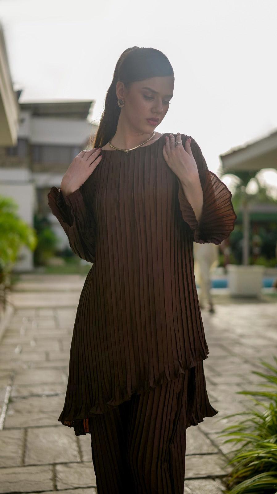 Brown Pleated Co-Ord Set - AREEJ | Online