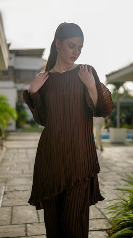 Brown Pleated Co-Ord Set - AREEJ | Online