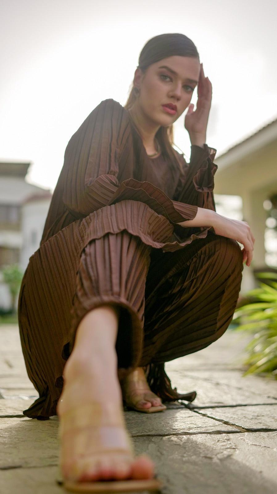 Brown Pleated Co-Ord Set - AREEJ | Online