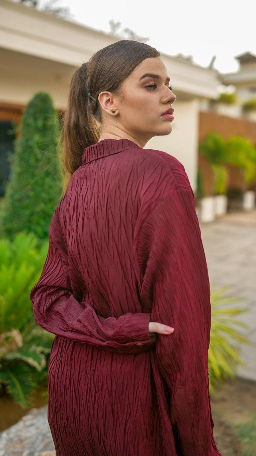 Maroon Pleated POLO Co-Ord Set - AREEJ | Online