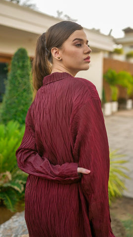 Maroon Pleated POLO Co-Ord Set - AREEJ | Online