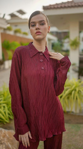 Maroon Pleated POLO Co-Ord Set - AREEJ | Online