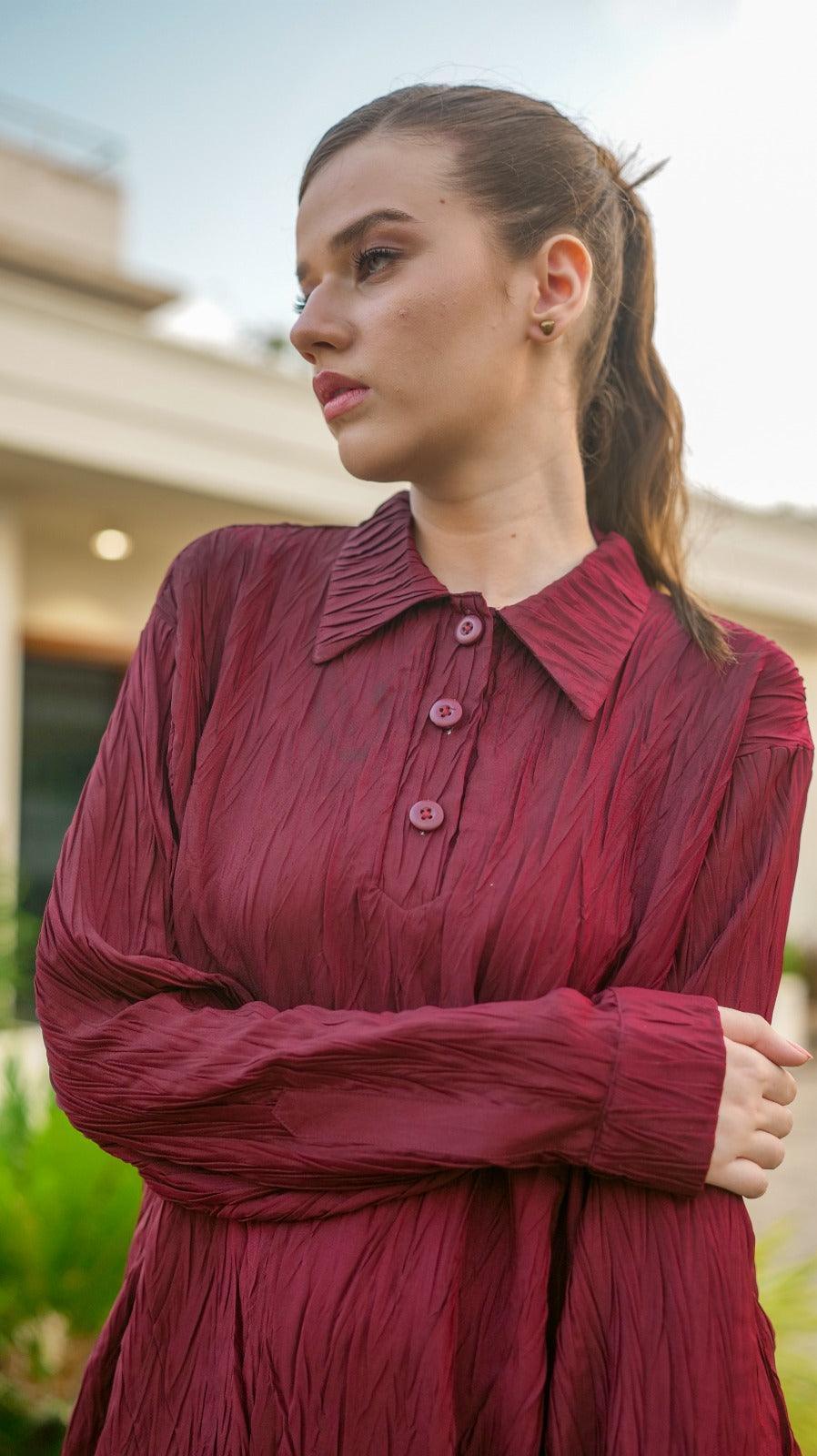 Maroon Pleated POLO Co-Ord Set - AREEJ | Online