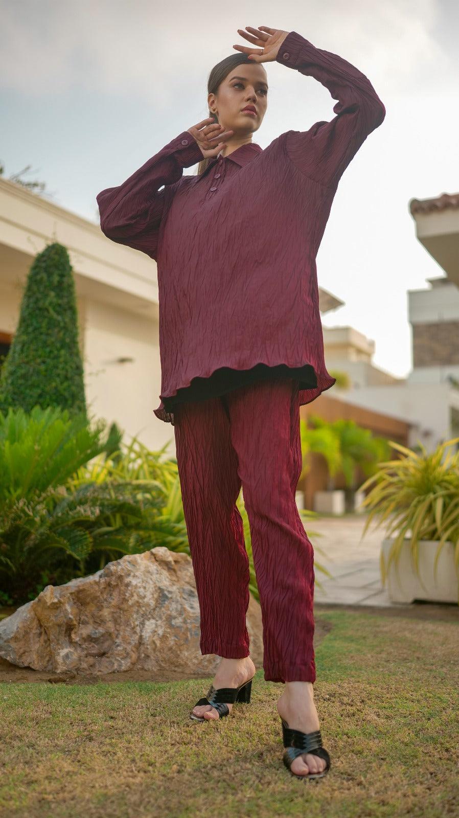 Maroon Pleated POLO Co-Ord Set - AREEJ | Online
