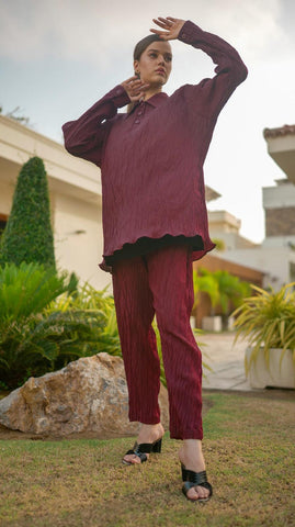 Maroon Pleated POLO Co-Ord Set - AREEJ | Online