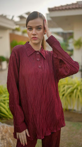 Maroon Pleated POLO Co-Ord Set - AREEJ | Online