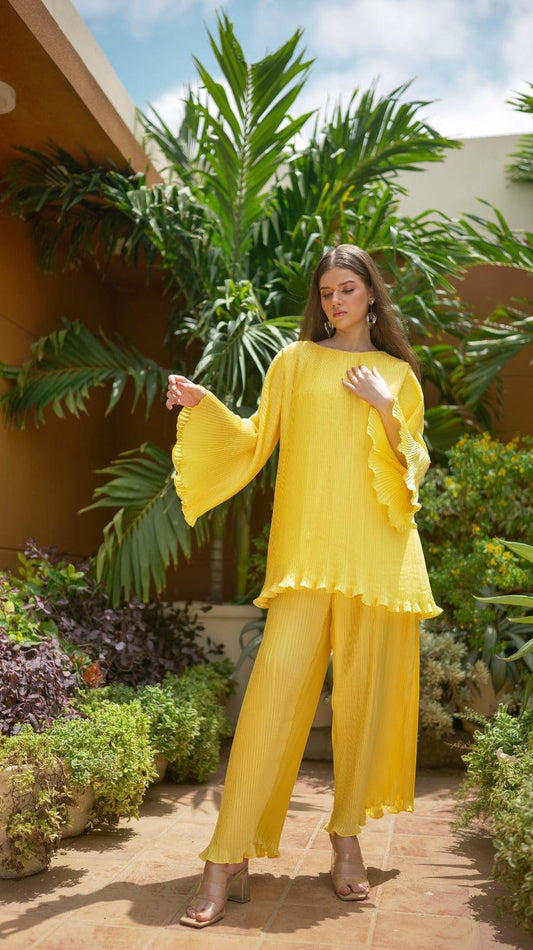 Yellow Pleated Co-Ord Set - AREEJ | Online
