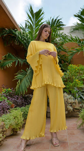 Yellow Pleated Co-Ord Set - AREEJ | Online