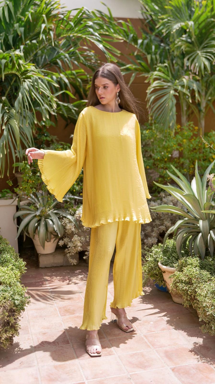 Yellow Pleated Co-Ord Set - AREEJ | Online
