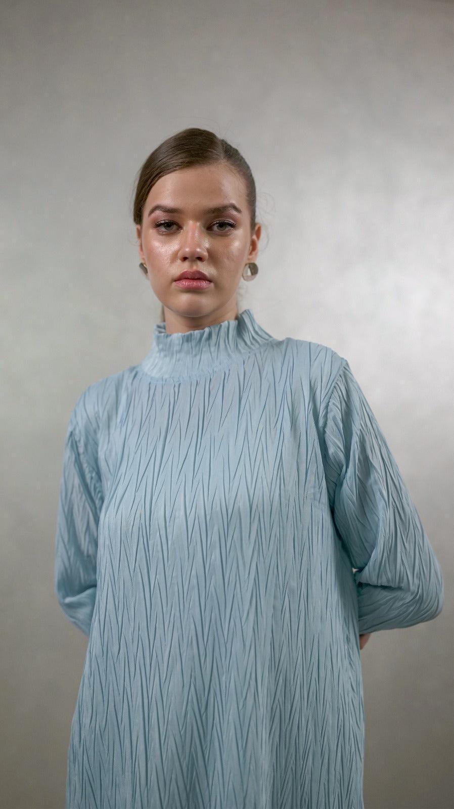 Oceanic Blue Pleated Co-Ord Set - AREEJ | Online