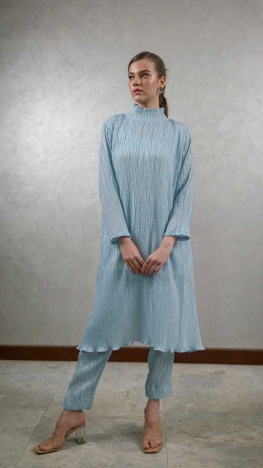 Oceanic Blue Pleated Co-Ord Set - AREEJ | Online
