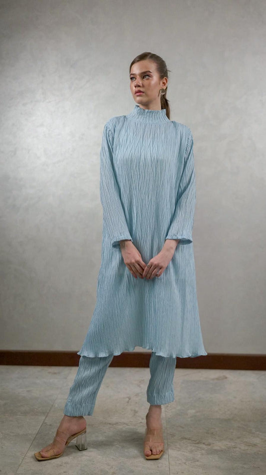 Oceanic Blue Pleated Co-Ord Set - AREEJ | Online