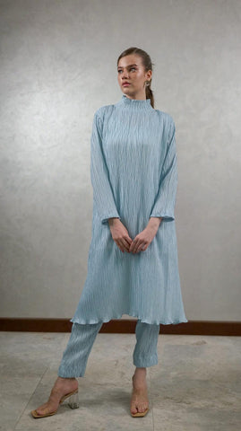 Oceanic Blue Pleated Co-Ord Set - AREEJ | Online