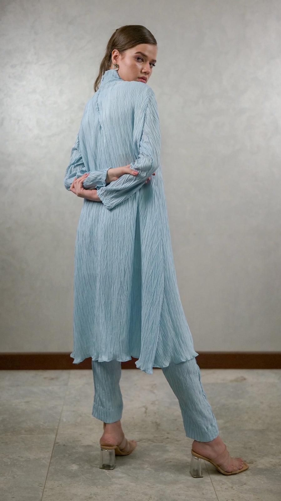Oceanic Blue Pleated Co-Ord Set - AREEJ | Online