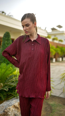 Maroon Pleated POLO Co-Ord Set - AREEJ | Online