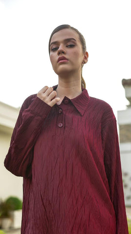 Maroon Pleated POLO Co-Ord Set - AREEJ | Online